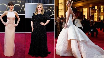 Anne Hathaway, de Prada e joias Tiffany & Co. Adele, de Jenny Packham e joias Harry Winston. Jennifer Lawrence, de Dior Haute Couture e joias Chopard. - -