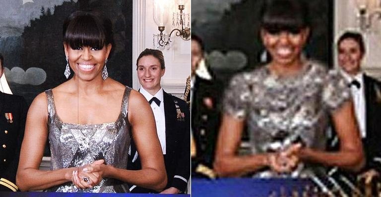 Michelle Obama com o vestido original e a foto alterada pela agência iraniana - Getty Images