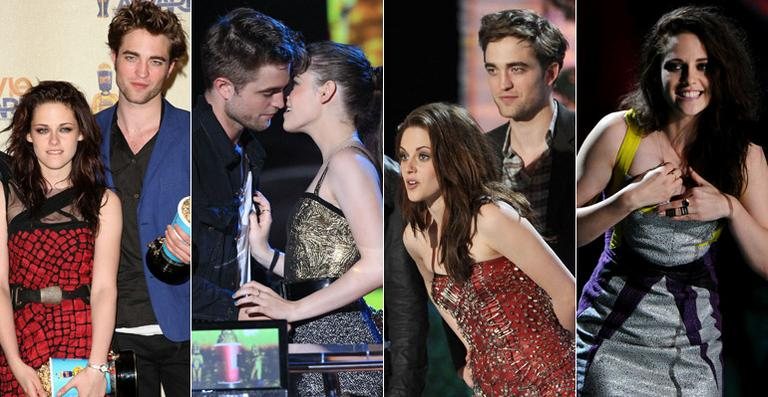 Kristen e Robert no MTV Movie Awards em 2009, 2010, 2011 e 2012 - no último ano, apenas a atriz foi porque o ator estava trabalhando - Getty Images