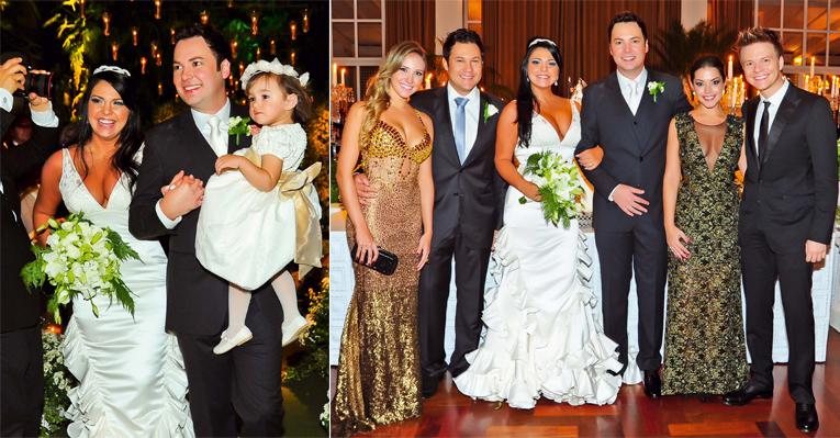 Juntos há oito anos, os noivos recebem os votos de felicidades dos amigos. Durante a cerimônia, o carinho da adorável filha única, Maria Clara. - João Passos/ Brasil Fotopress