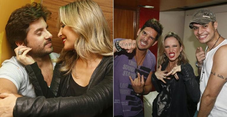 Claudia Leitte é só chamego com o marido, Márcio Pedreira. À direita, faz careta com Felipe Pezzoni e Marcelinho, os novos vocalistas da Banda Eva - Fred Pontes/Divulgação