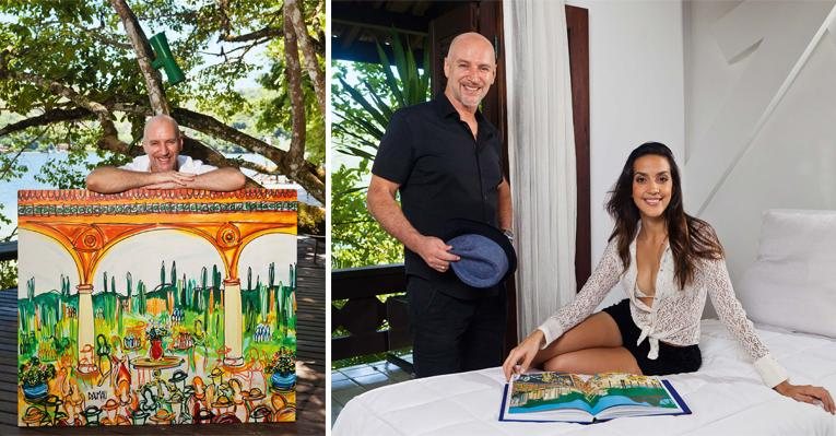 O casal exibe Dalmau, livro com a história de vida e obras do artista, na Ilha de CARAS, em Angra. Ele com o seu
quadroTuscan Poem. - Maíra Vieira