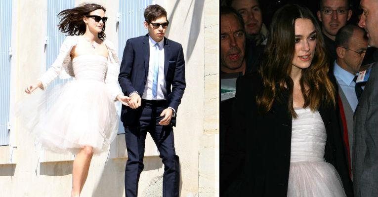 À esquerda, Keira Knightley e James Righton no dia do casamento. À direita, Keira Knightley no baile pre-Bafta em 2008 - Reprodução/ Getty Images