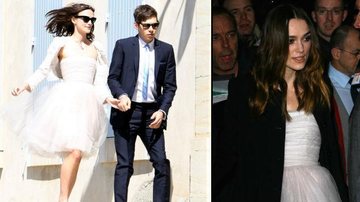 À esquerda, Keira Knightley e James Righton no dia do casamento. À direita, Keira Knightley no baile pre-Bafta em 2008 - Reprodução/ Getty Images