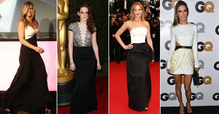 Jennifer Aniston, Kristen Stewart, Jennifer Lawrence e Alessandra Ambrosio são adeptas dos vestidos preto e branco. Aprenda a usar! - Foto-montagem/ Getty Images