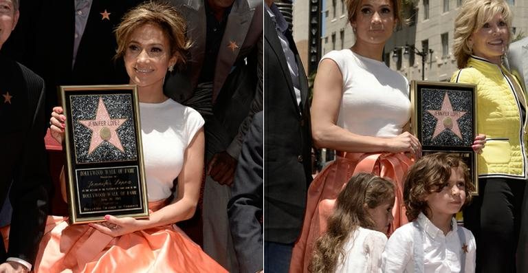 Jennifer Lopez com os filhos gêmeos e Jane Fonda na Calçada da Fama de Hollywood - Getty Images