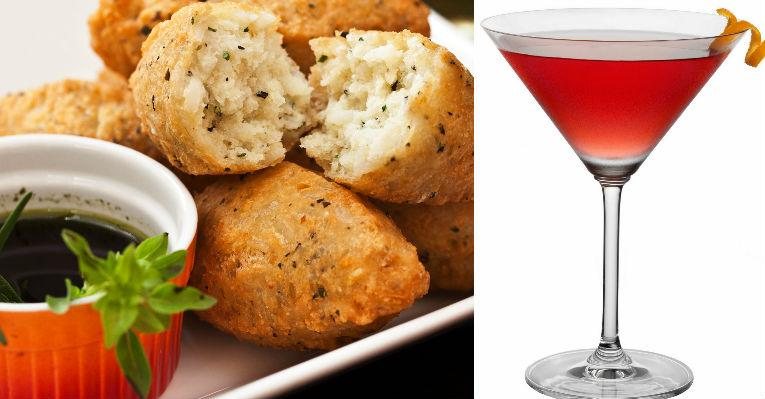 Aprenda a fazer um bolinho de arroz ao roquefort e o drink Cosmopolitan - Foto-montagem