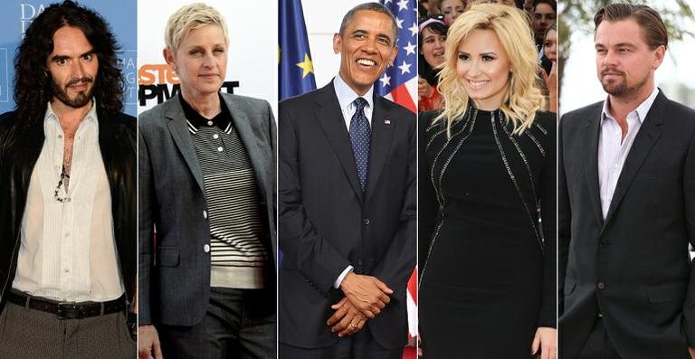 Russell Brand, Ellen DeGeneres, Barack Obama, Demi Lovato e Leonardo DiCaprio - Getty Images