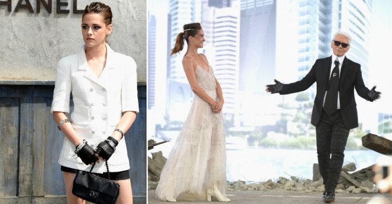 Reparou nas luvas de Kristen Stewart e Karl Lagerfeld - Foto-montagem/ Getty Images