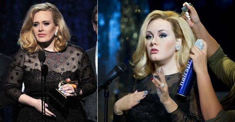 Adele no Grammy, em 2012, e sua réplica de cera - Getty Images