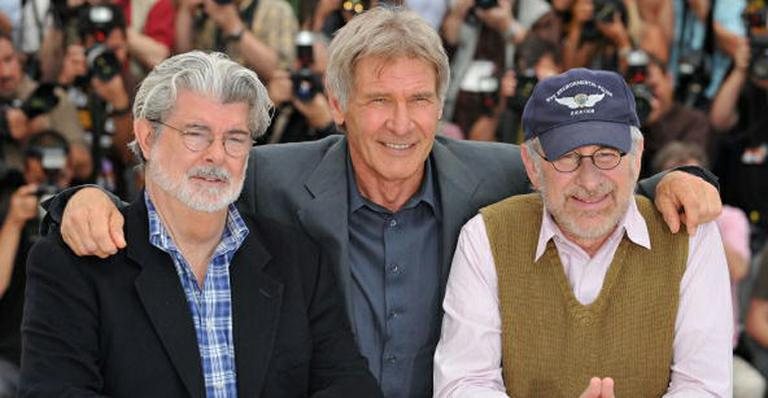 George Lucas, Harrison Ford e Steven Spielberg durante o lançamento de 'Indiana Jones e o Reino da Caveira de Cristal', em 2008 - Getty Images