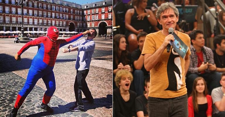 Serginho Groisman brinca com Homem-Aranha em Madrid, na Espanha - Instagram/Reprodução e Léo Franco/AgNews