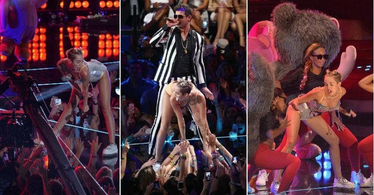 Miley Cyrus com seus passos de 'twerk' em sua apresentação no VMA 2013 - Getty Images