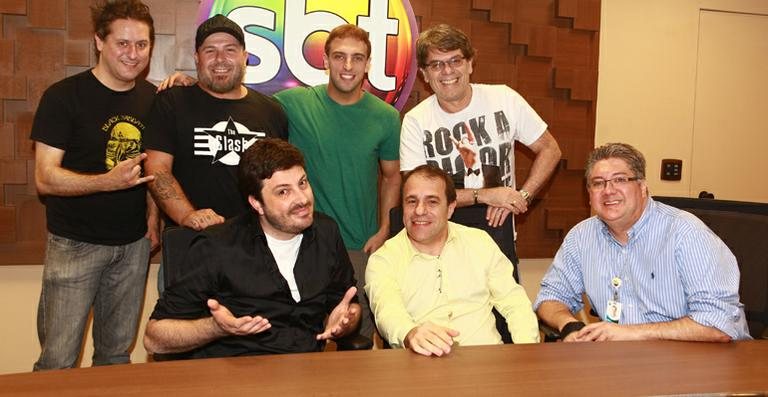 Marcos Kleine, Mingau, Léo Lins, Róger, Danilo Gentili , Fernando Pelegio e Leon Abravanel - Roberto Nemanis/SBT