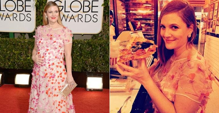 Grávida, Drew Barrymore come pizza após Globo de Ouro - Getty Images e Instagram/Reprodução e