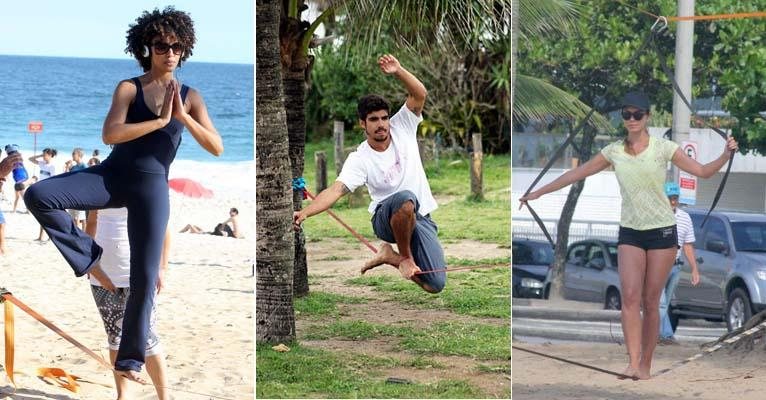 Sheron Menezzes, Caio Castro e Leticia Wiermann praticando slackline - AgNews/Foto Rio News