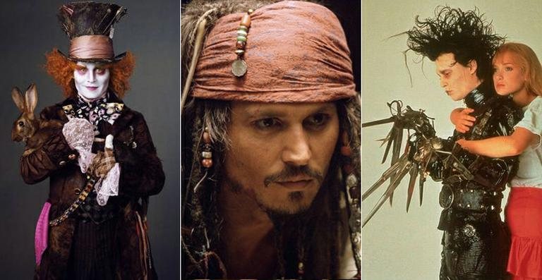 Johnny Depp como os personagens Chapeleiro Maluco, Jack Sparrow e Edward Mãos de Tesoura - Reprodução / IMDB e 20th Century Fox