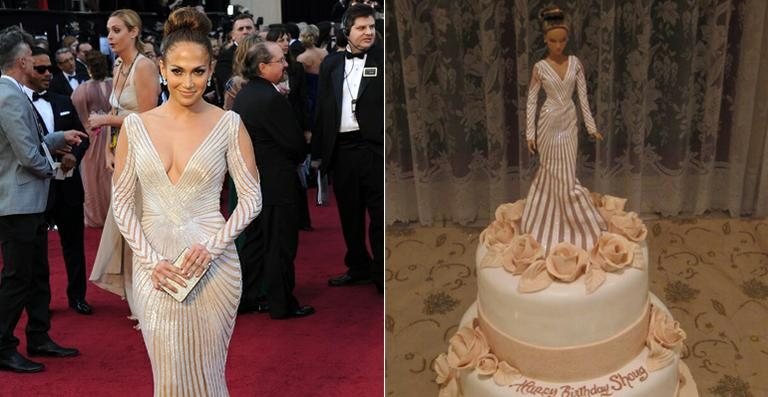 Fã cria bolo inspirado em look de Jennifer Lopez no Oscar - Getty Images; Reprodução / Twitter