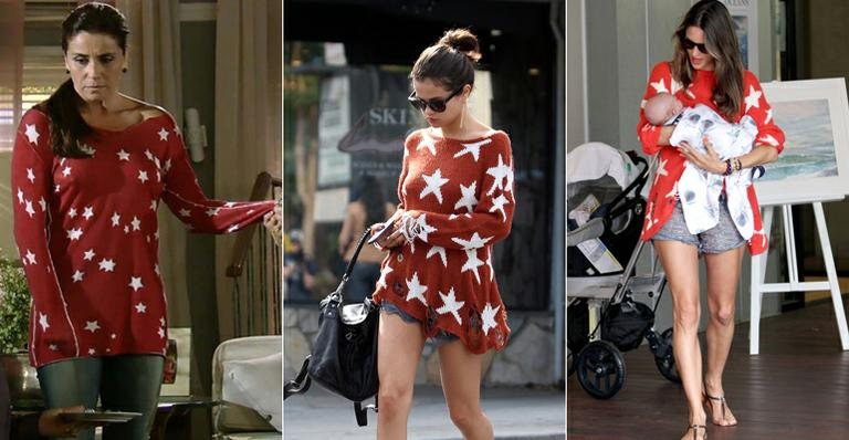 Selena Gomez usa suéter vermelho e repete look de Taylor Swift e Alessandra Ambrosio - Foto-montagem