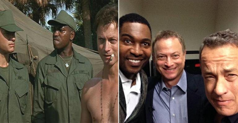 Tom Hanks e seus companheiros Gary Sinise e Mykelti Williamson, em cena de Forrest Gump e 20 anos depois - Reprodução / Twitter