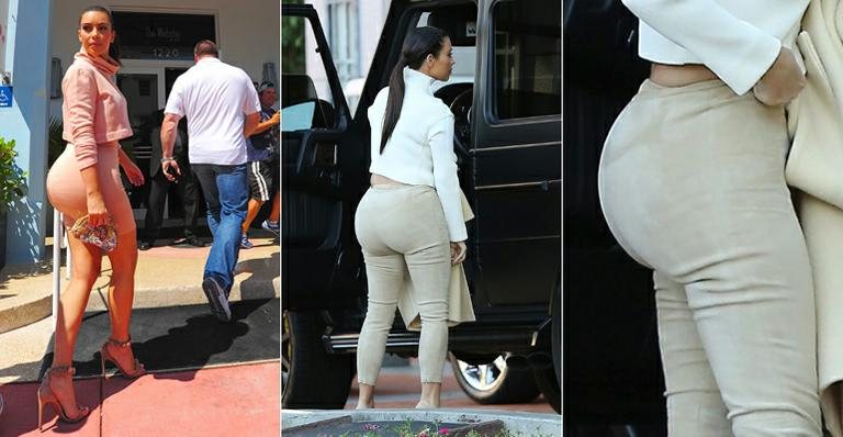 Kim Kardashian dá lição fashion: roupa justa e de cintura baixa aumenta o quadril - Foto-montagem