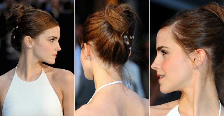 Coque bagunçado: copie o penteado de Emma Watson - Foto-montagem/ Getty Images