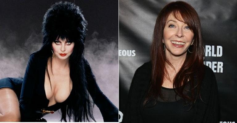 Elvira, a Rainha das Trevas, e sua intéprete, Cassandra Peterson - Divulgação e Getty Images