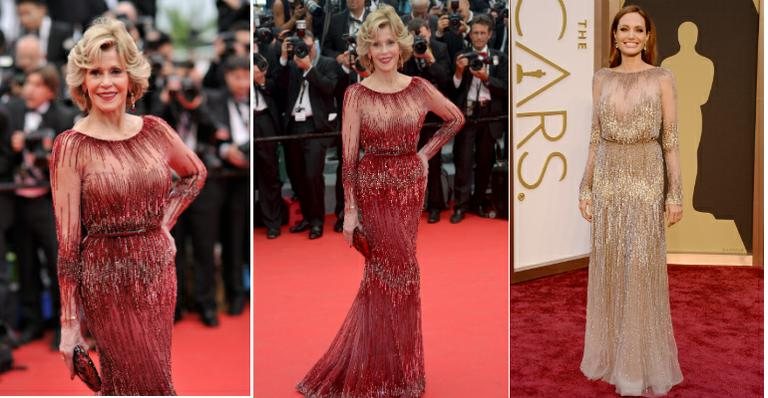 Jane Fonda, de 76 anos, usa mesmo vestido Elie Saab de Angelia Jolie - Foto-montagem/Getty Images