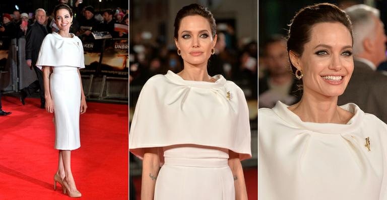 Angelina Jolie usa broche com 100 cristais de rubi e vestido branco em première de 'Invencível' - Foto-montagem