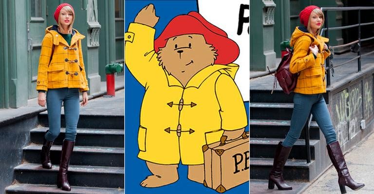 Com casaco amarelo, Taylor Swift 'repete' look do ursinho Paddington - Foto-montagem