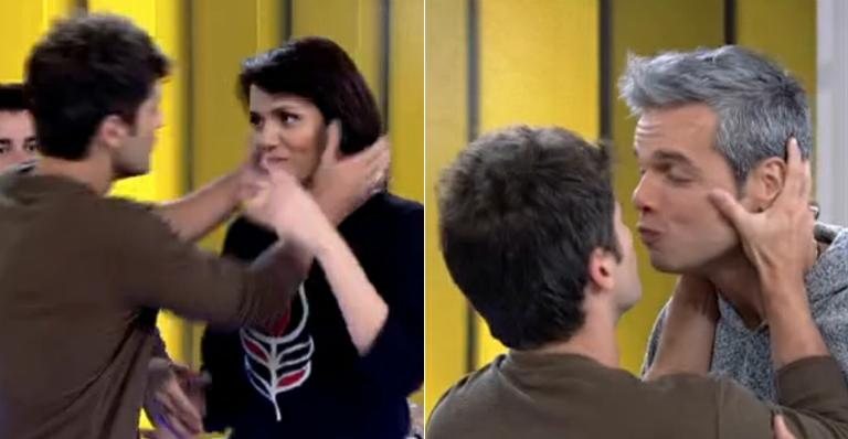 Bruno Gagliasso beija Mônica Iozzi e Otaviano Costa na boca durante o Vídeo Show - TV Globo/Reprodução