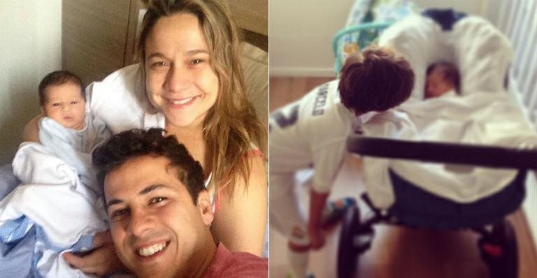 Fernanda Gentil e Matheus Braga com o filho, Gabriel; ao lado, Lucas paparica o bebê - Instagram/Reprodução