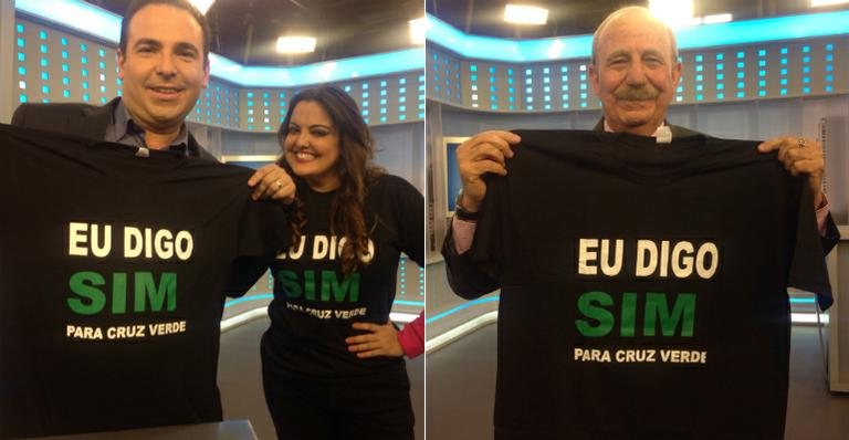 Renato Lombardi, Reinaldo Gottino e Fabíola Reipert vestiram a camisa da campanha "Eu Digo Sim", em apoio à prevenção da paralisia cerebral - Divulgação