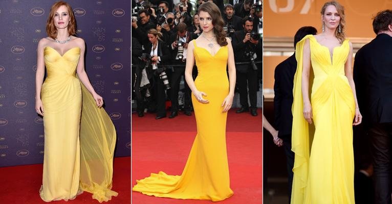 Amarelo em Cannes: Jessica Chastain e Anna Kendrick em 2016 e Uma Thurman em 2014 - Getty Images