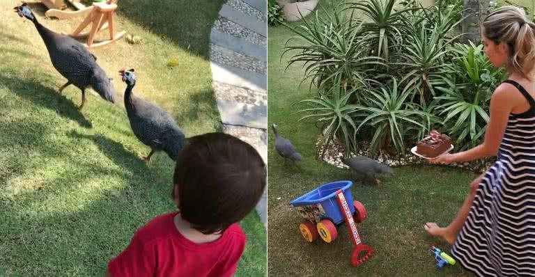 Adriana Sant'Anna e o filho, Rodrigo, com as galinhas d'angola - Instagram/Reprodução