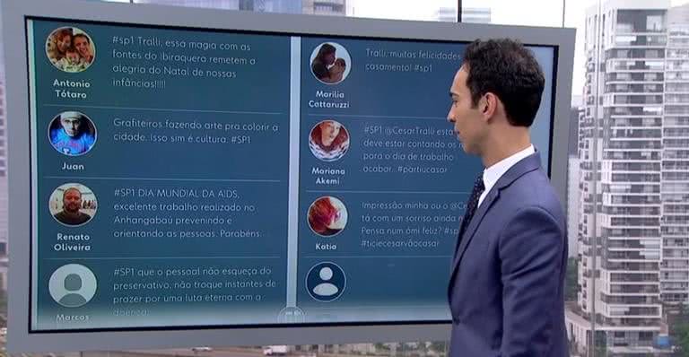 Cesar Tralli lê mensagens de felicitações de casamento no SP1 - TV Globo/Reprodução