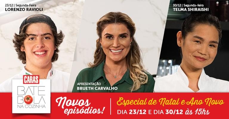 Os chefs Lorenzo Ravioli e Telma Shiraishi no Bate Bola na Cozinha com Brueth Carvalho - Divulgação