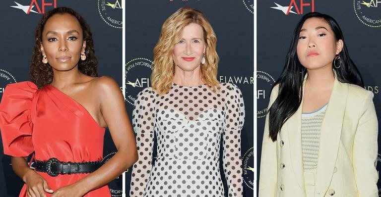 Janet Mock, Laura Dern e Awkwafina em cerimônia de gala - Jon Kopaloff/Filmmagic e Michael Kovac/Getty Images