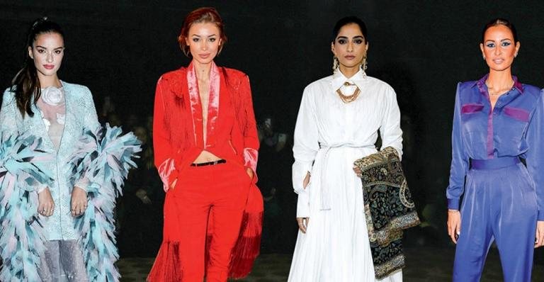 Gabrielle Caunesil, de Armani; Lara Leito, de Zuhair Murad; Sonam Kapoor, de Valentino; Jean-Paul Gaultier é levantado ao fim do desfile Malika Menard; e Larsen Thompson - Bertrand Rindoff Petroff, Dominique Charriau, Francois Durand, Pascal Le Segretain, Pierre Suu e Stephane Cardinale/Getty Images