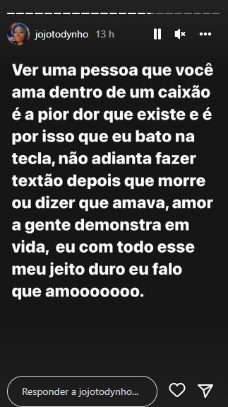 Jojo stories falando sobre a morte da empresária