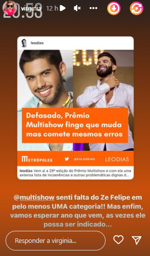 Virginia Fonseca se manifesta sobre Zé Felipe não ter sido indicado ao Prêmio Multishow