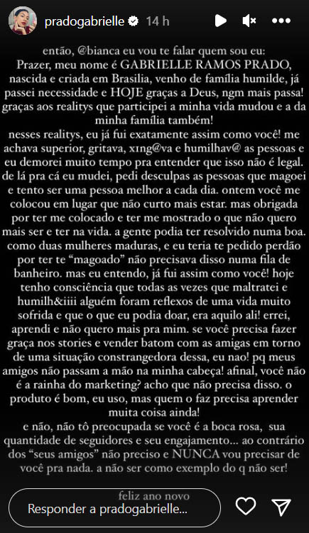 Gabi Prado fala sobre discussão com Bianca Andrade