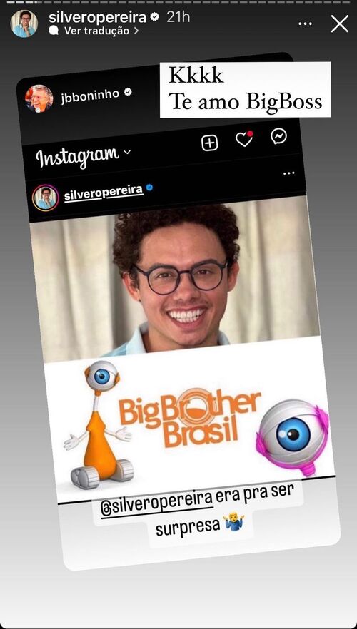 E a brincadeira não parou por aí! Boninho foi aos stories do seu Instagram, compartilhou a postagem de Silvero e escreveu: “Era pra ser surpresa”. O ator do filme “Bacurau” respondeu sem perder a piada: “Te amo Big Boss”