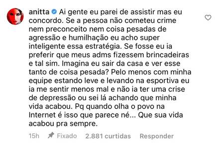 Anitta sai em defesa da equipe de Jade Picon