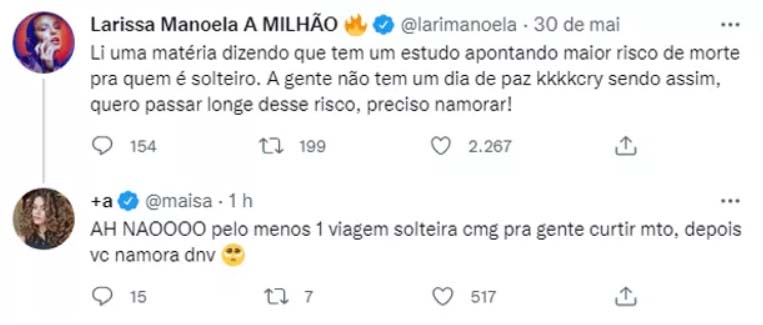 Tweet de Larissa Manoela com resposta de Maisa Silva