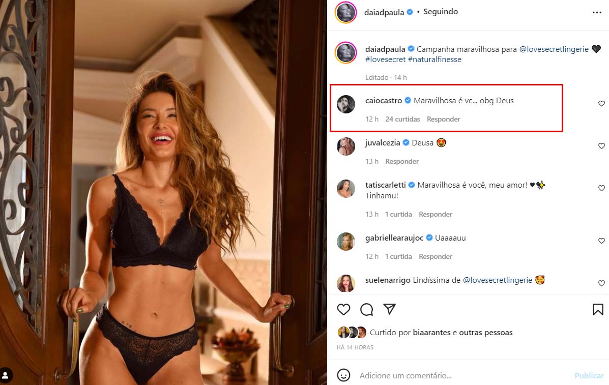 Caio Castro reage ao ver foto da namorada, Daiane de Paula, de lingerie