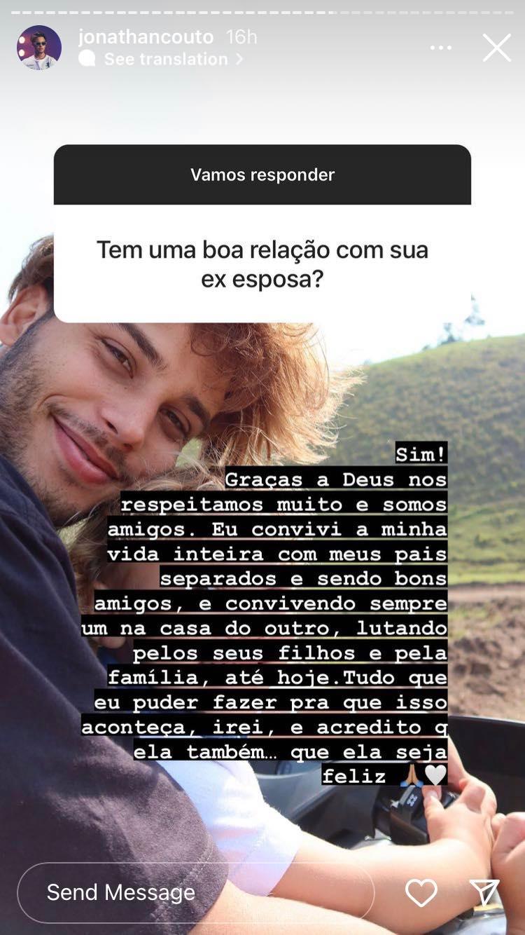 Jonathan Couto revela como é sua relação com Sarah Poncio