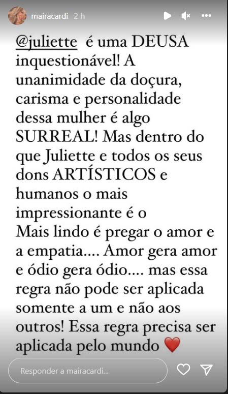 Maíra Cardi defende Juliette