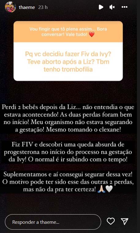 Thaeme fala sobre a fertilização in vitro