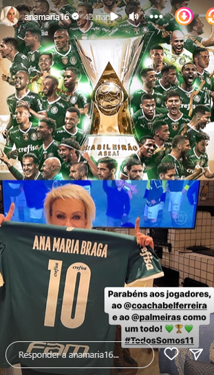 Ana Maria Braga comemora título do Palmeiras no Brasileirão